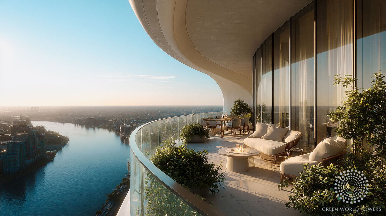 Wraparound balcony with lounge seating and river views