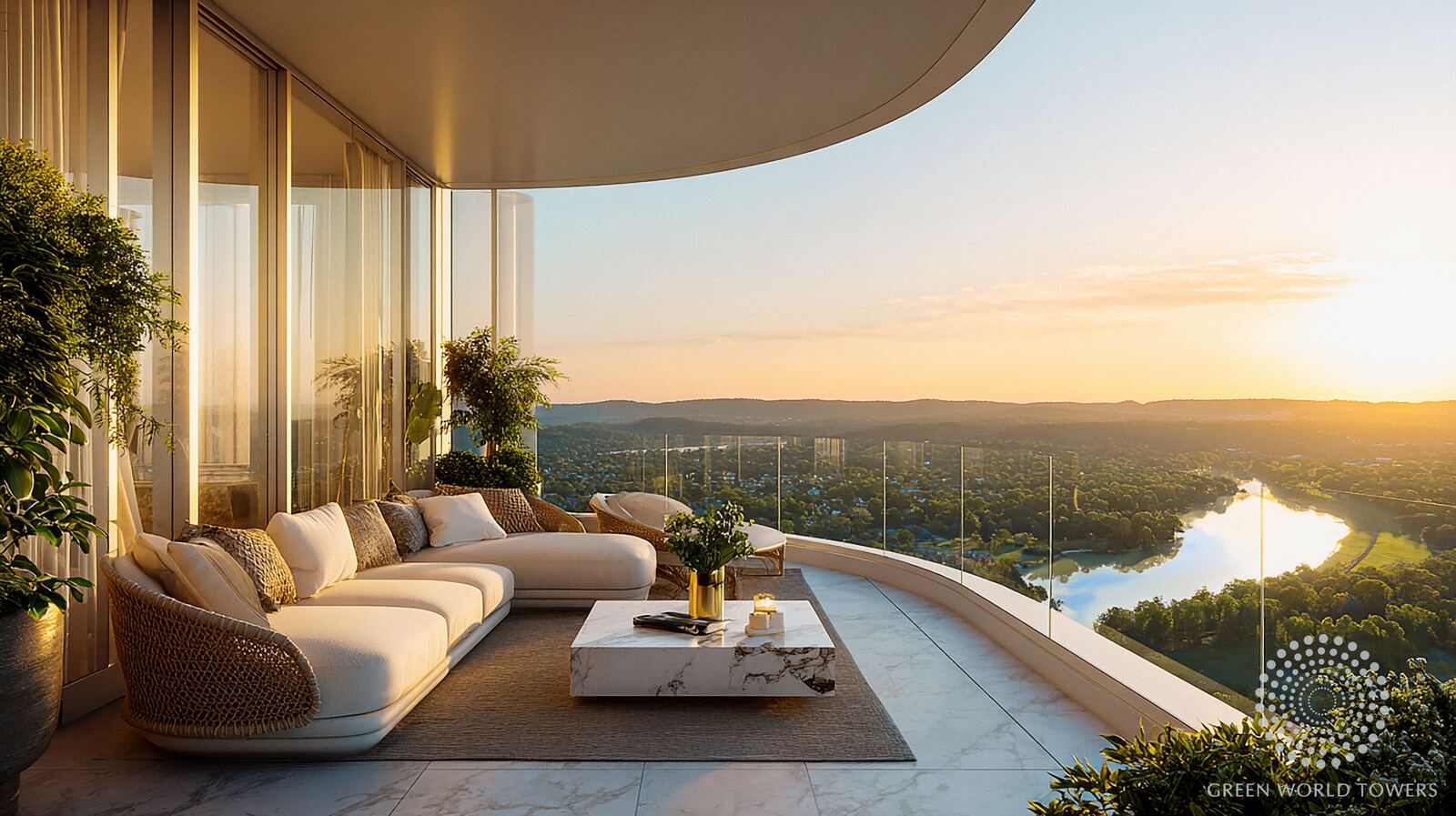 Curved balcony with sofa overlooking the lake at sunset
