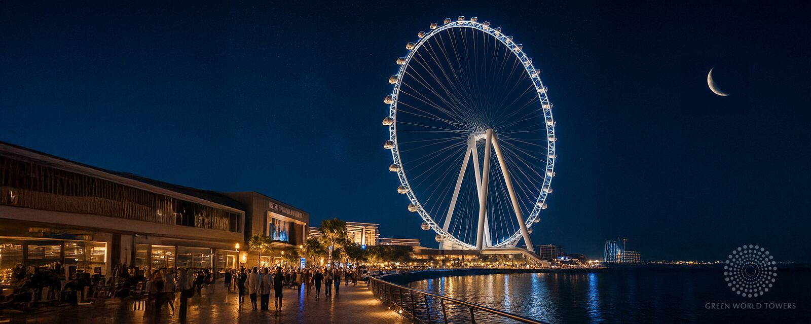 Ferris wheel and waterfront promenade at night