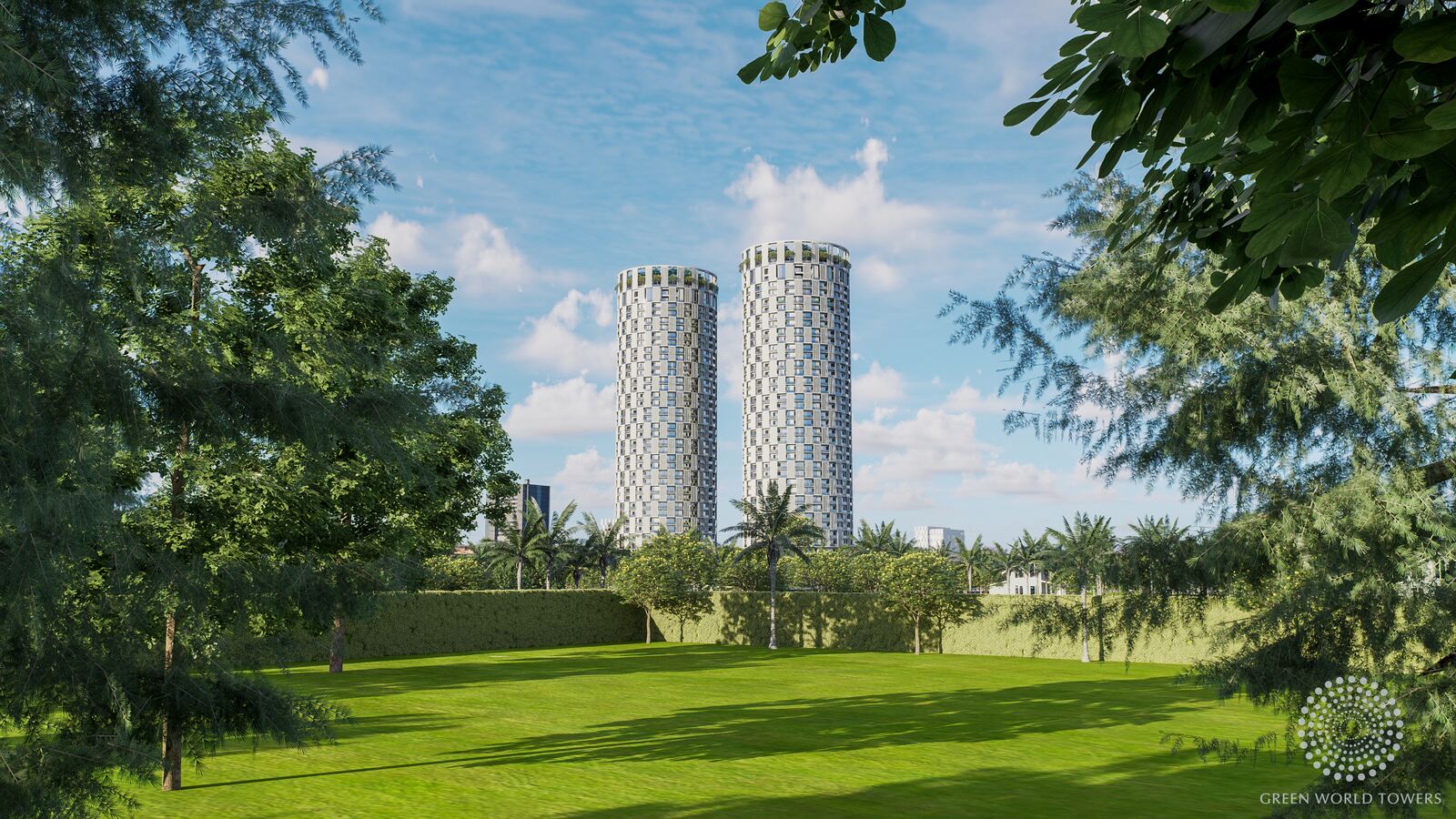 The towers seen across a green lawn