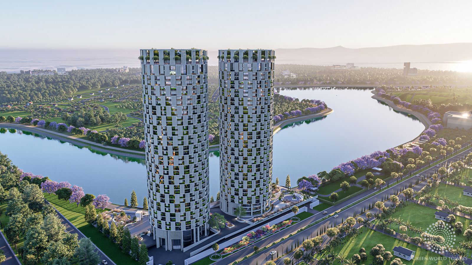 Aerial view of the towers beside the lake