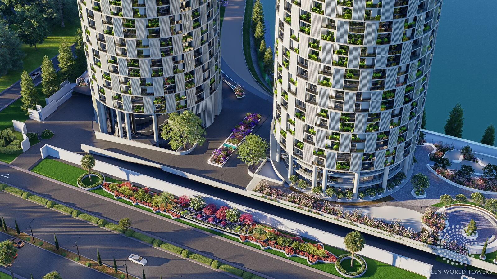 Close aerial view of the tower podium and landscaping
