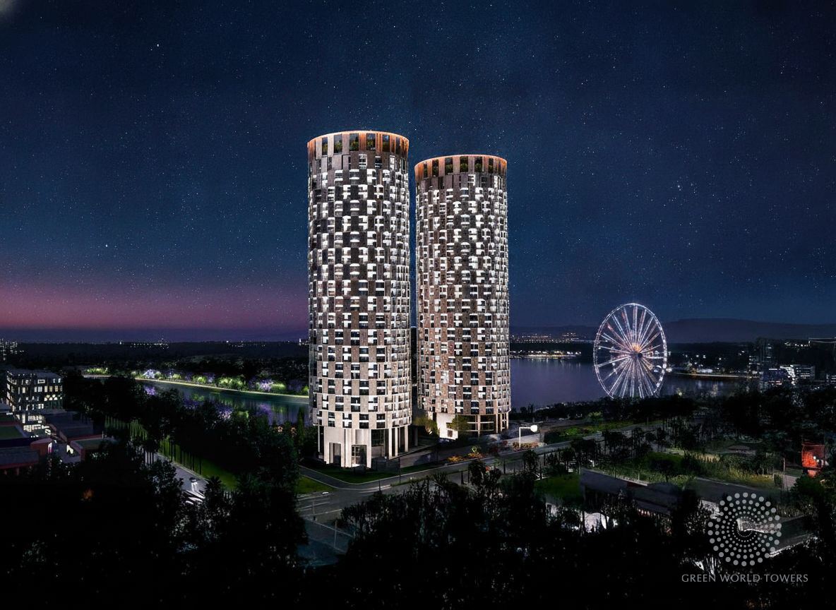 The towers lit up at night