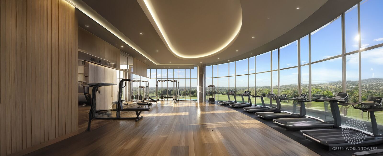 Gym with floor-to-ceiling windows and city views