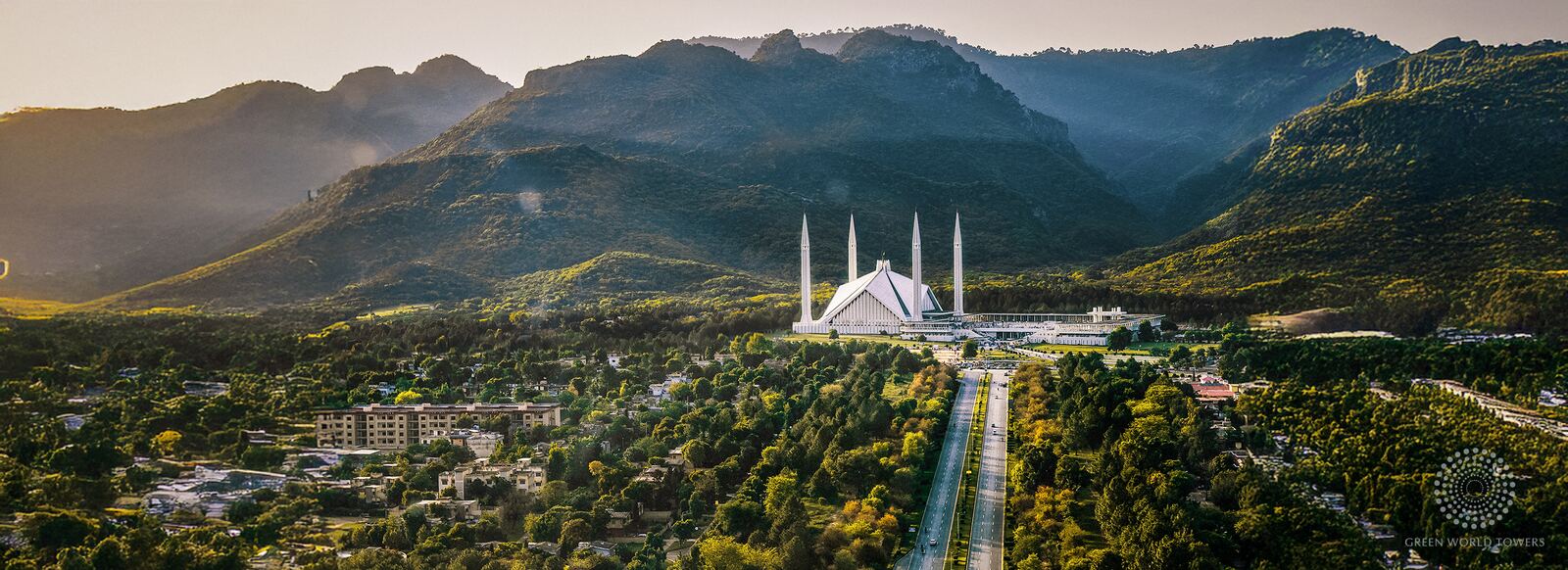 Islamabad with Faisal Mosque and the Margalla Hills