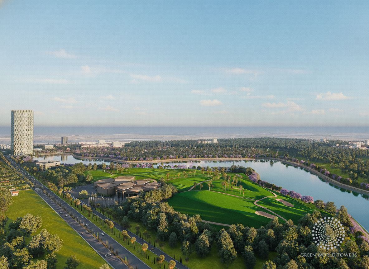 Aerial view of Lake District with a tower, the lake and the golf course