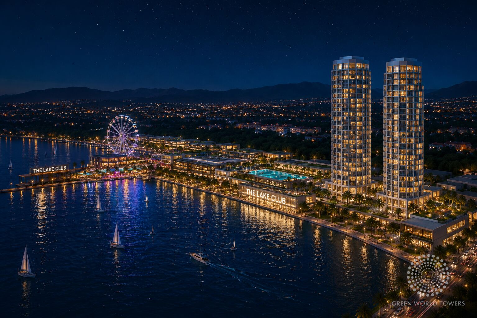 Lake District at night with the towers, Ferris wheel and The Lake Club