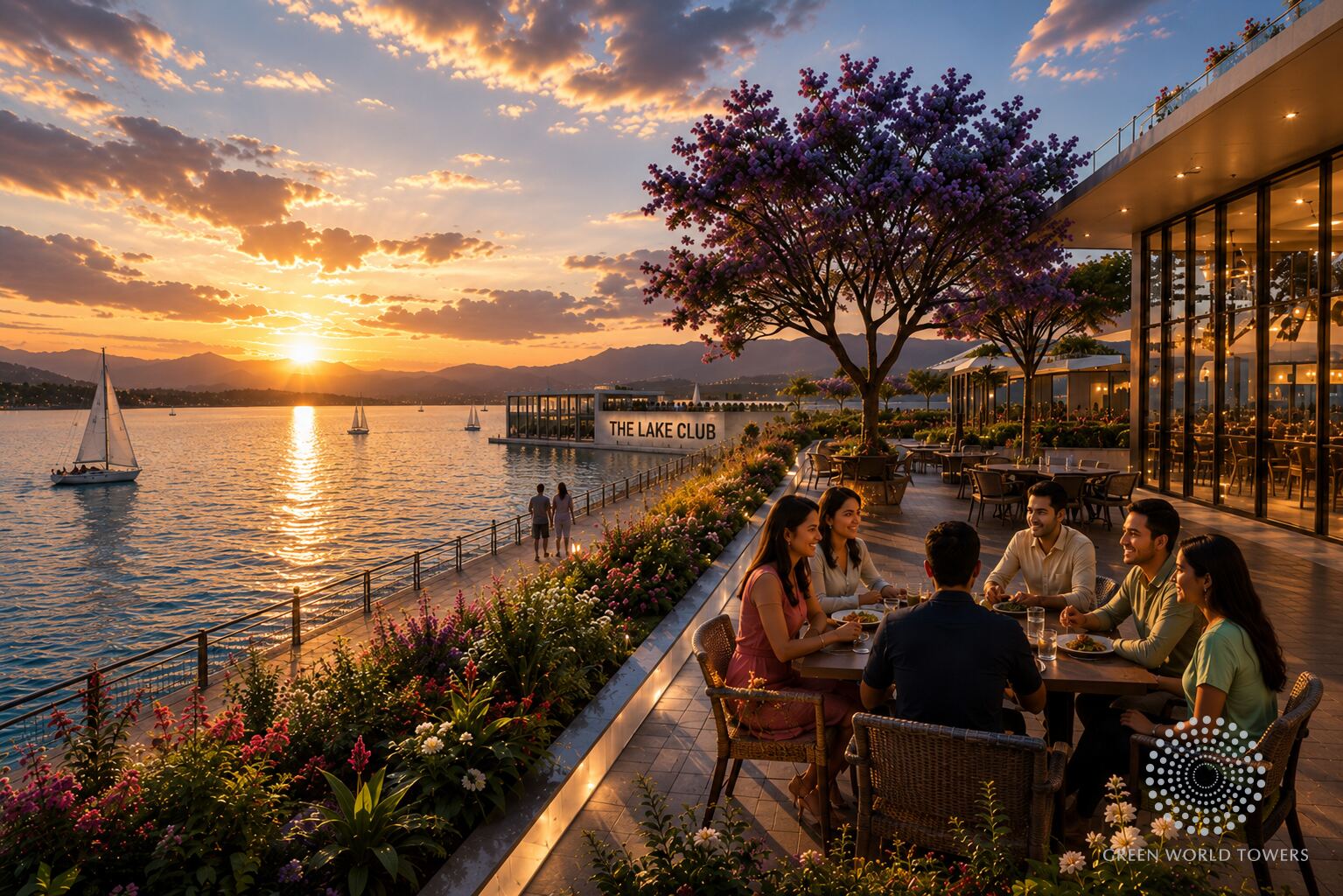 Families dining on a lakeside terrace at sunset