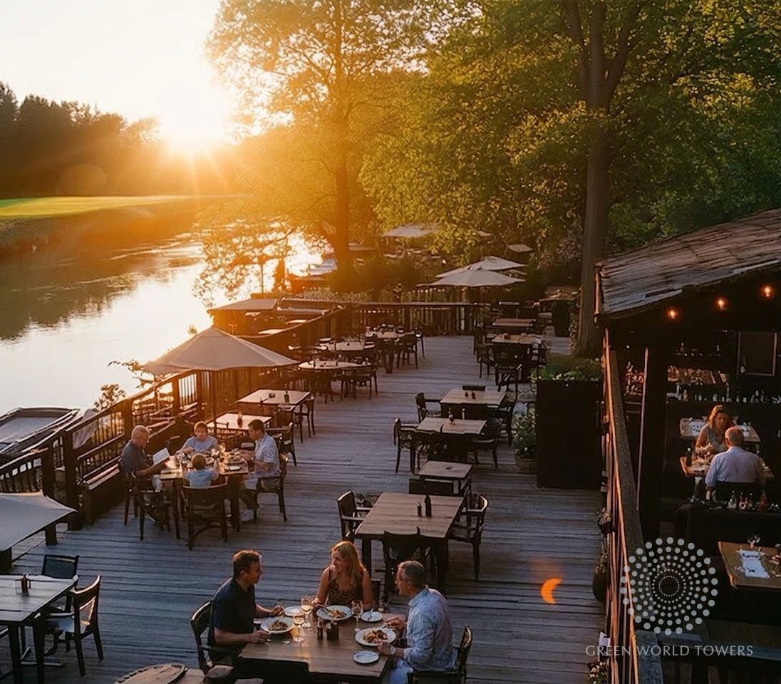 Waterfront restaurant deck under the trees