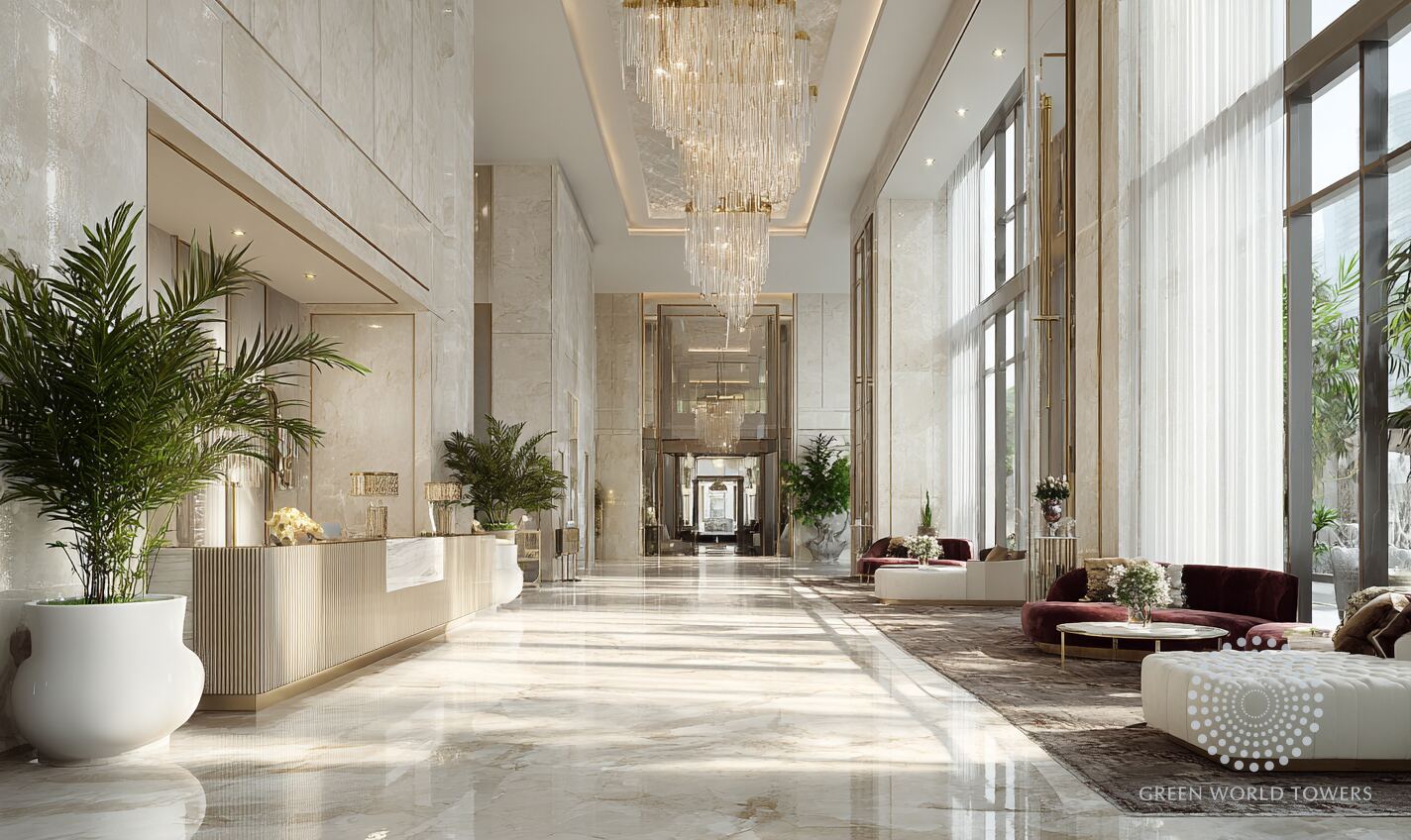 Marble lobby with chandeliers and reception