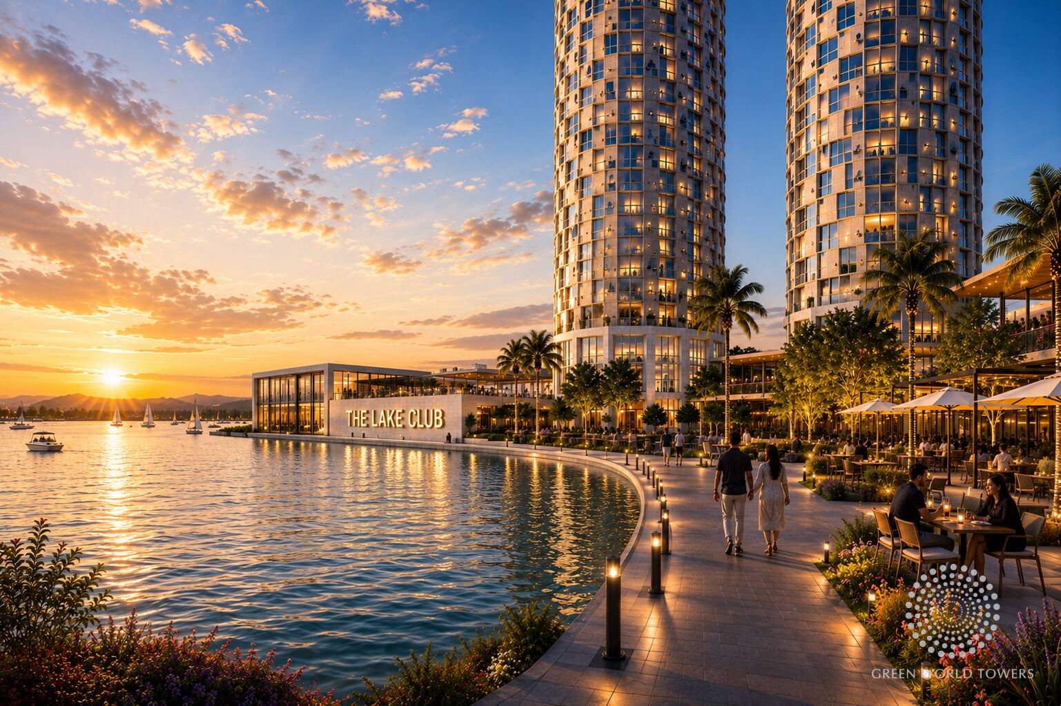 Marina walk promenade beside the towers at sunset