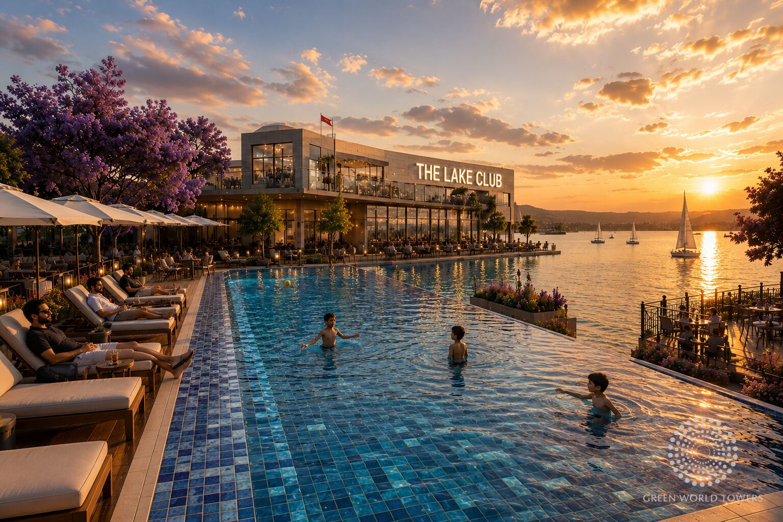 Infinity pool facing the lake and The Lake Club