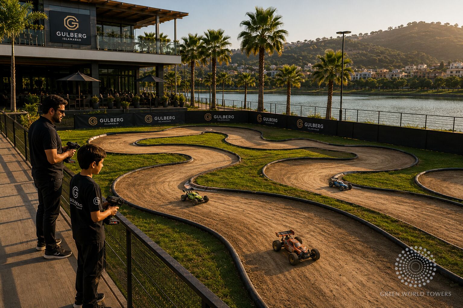 Father and son racing RC cars on the track