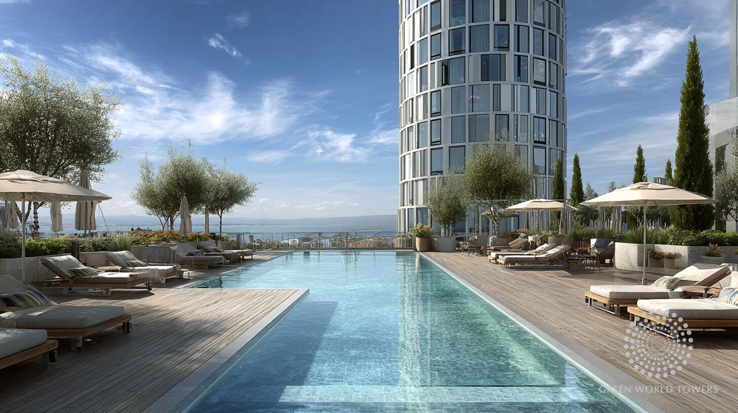 Rooftop pool deck beside the tower